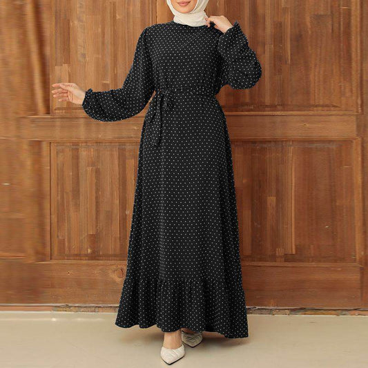 Retro Polka Dot Long Sleeve Ruffled Hem Dress - Price Value Store