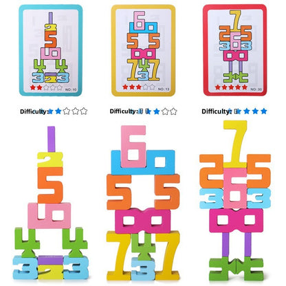 A wooden digital building block stacking toy