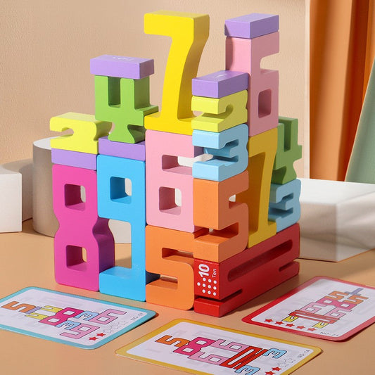 A wooden digital building block stacking toy