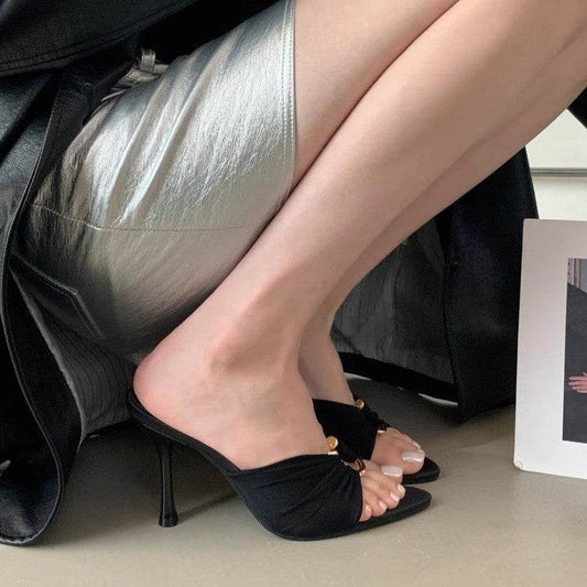 2025 Summer Fashion Open Toe Women's Shoes Royal Sister Fan Pointed Satin Sandals European and American Temperament Metal Buckle High Heels - Price Value Store