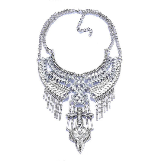 Inlaid antique silver clavicle stick with tasseled necklace - Price Value Store