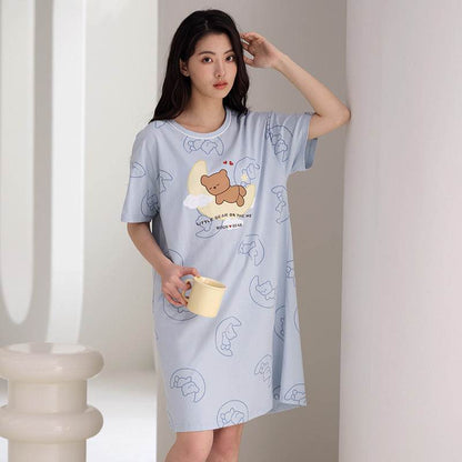 Women's Summer pure cotton Thin cute Short-Sleeved Pajamas Home Wear Girls Summer sexy Dress - Price Value Store