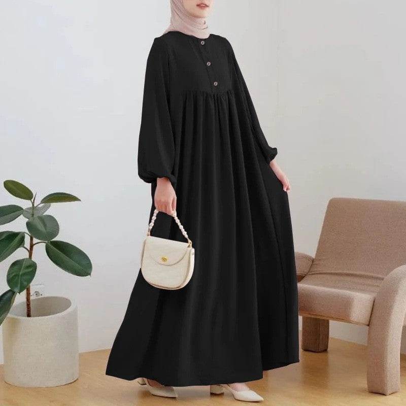 Puff sleeve solid-color buttoned dress - Price Value Store