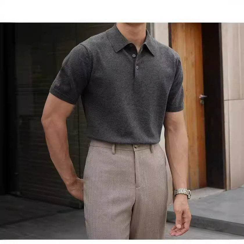 Fashion Casual Lapel Pure Color Polo Shirt Casual Knitted Short-Sleeved Men's Summer New Breathable Trendy Men's T-Shirt - Price Value Store