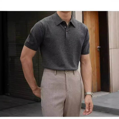 Fashion Casual Lapel Pure Color Polo Shirt Casual Knitted Short-Sleeved Men's Summer New Breathable Trendy Men's T-Shirt - Price Value Store