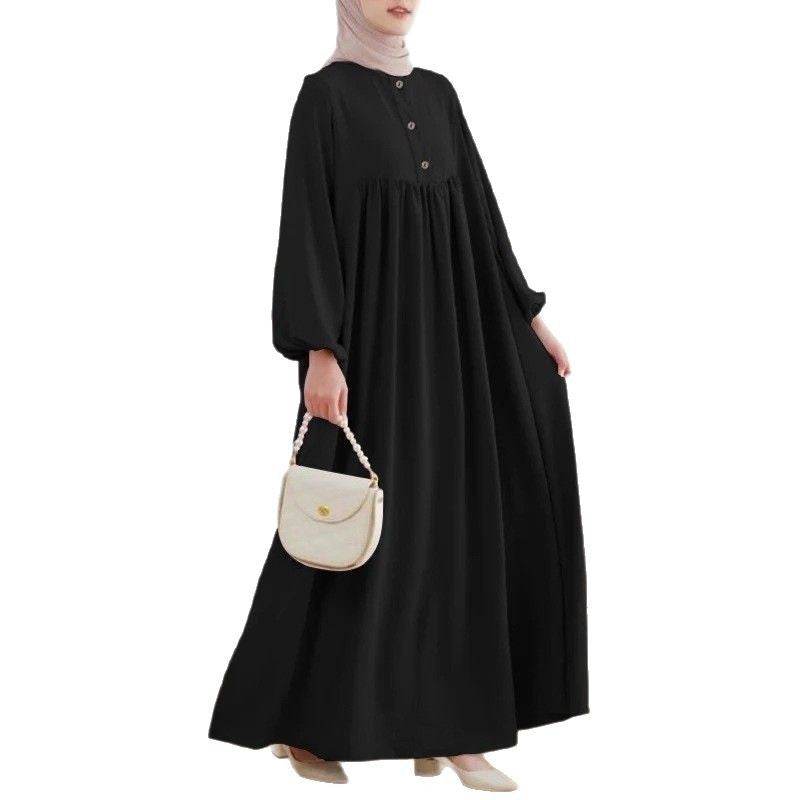 Puff sleeve solid-color buttoned dress - Price Value Store