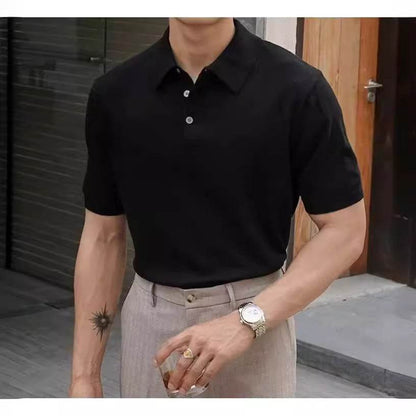 Fashion Casual Lapel Pure Color Polo Shirt Casual Knitted Short-Sleeved Men's Summer New Breathable Trendy Men's T-Shirt - Price Value Store