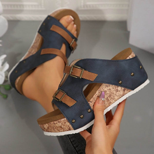 Foreign Trade plus size Thick Bottom Wedge Slippers 2025 Summer New Buckle with Bubble Bottom Beach Open Toe Women's Shoes - Price Value Store