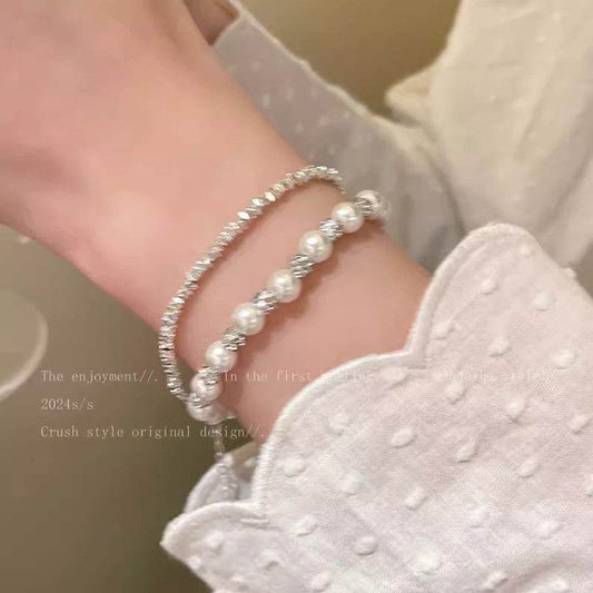 Elegant Pearl and Crushed Silver Beaded Bracelet - Price Value Store