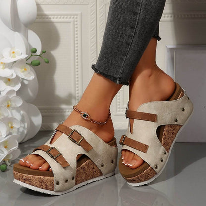 Foreign Trade plus size Thick Bottom Wedge Slippers 2025 Summer New Buckle with Bubble Bottom Beach Open Toe Women's Shoes - Price Value Store