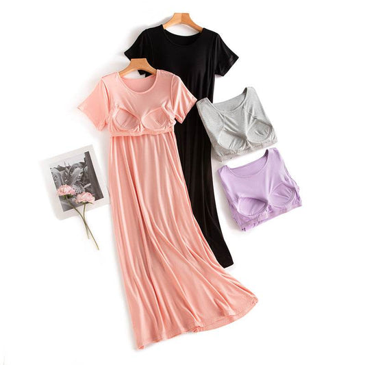 One-piece, frameless, bras free, long casual short-sleeved nightgown - Price Value Store