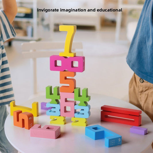 A wooden digital building block stacking toy
