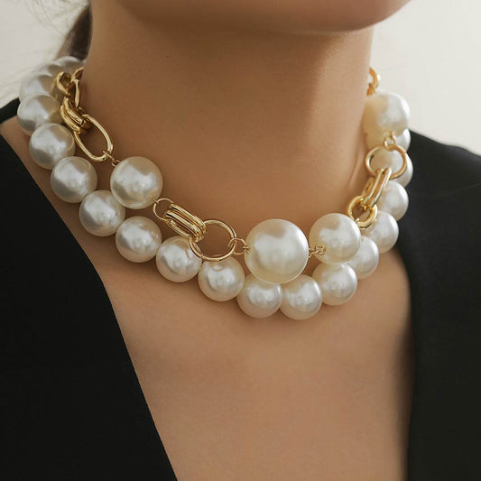 European and American Cross-border Jewelry Creative Punk Style Round Bead Double Layer Overlapping Necklace necklace Exaggerated Metal Chain - Price Value Store