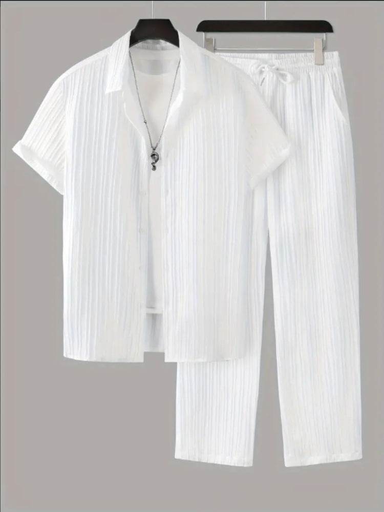 Men's Striped Short Sleeve Shirt and Pants Casual Suit - Price Value Store