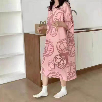 Women's Summer Cartoon Short Sleeve Pajama Dress - Loose Comfortable Home Wear - Price Value Store