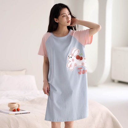 Women's Summer pure cotton Thin cute Short-Sleeved Pajamas Home Wear Girls Summer sexy Dress - Price Value Store