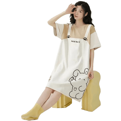 Women's Summer Milk Silk Nightgown, Cartoon Short Sleeve Sleep Dress, Plus Size Pajamas - Price Value Store