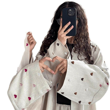 Elegant Linen Long Cardigan with Love Embroidery - Price Value Store