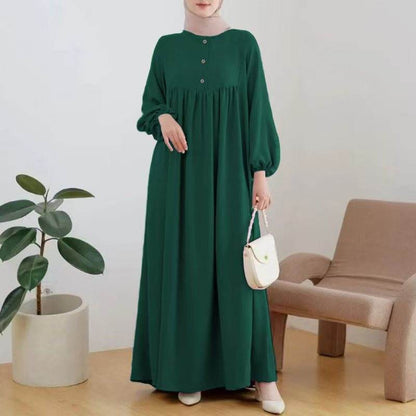 Puff sleeve solid-color buttoned dress - Price Value Store