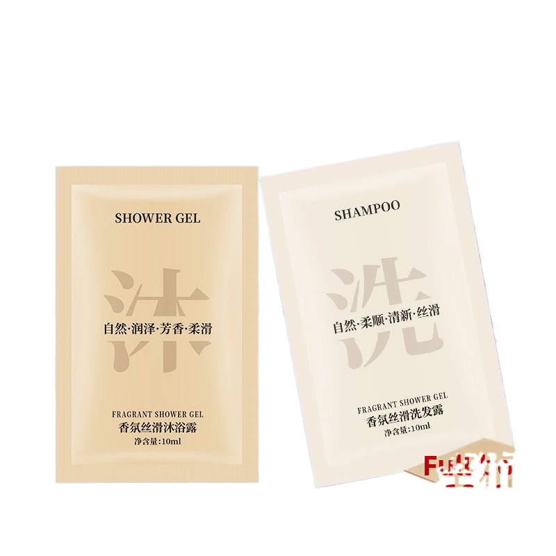 Small sachet packaged shampoo and conditioner