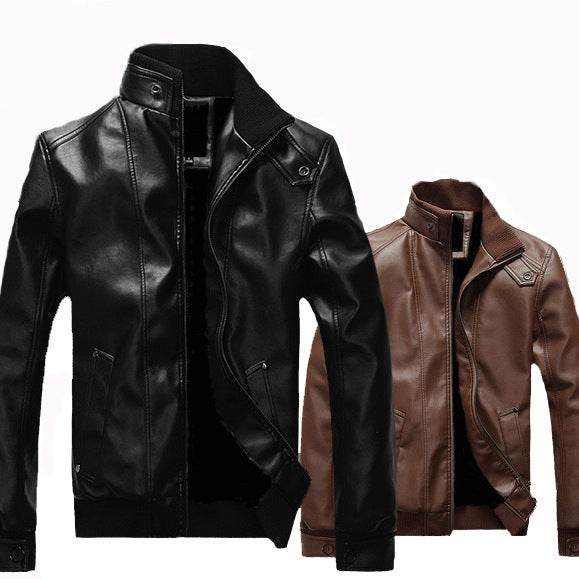 Men's stand-up collar leather jacket - Price Value Store