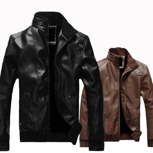 Men's stand-up collar leather jacket - Price Value Store