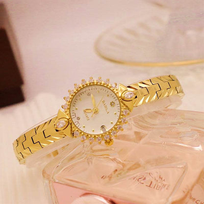Diamond-encrusted relief bracelet, elegant quartz small gold watch - Price Value Store