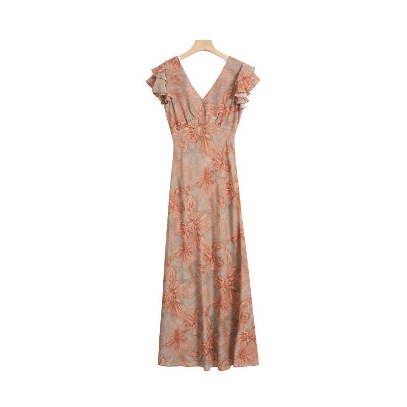 Mulberry Silk Floral French Romantic Dress with Flying Sleeve - Price Value Store