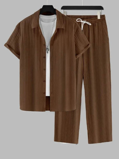 Men's Striped Short Sleeve Shirt and Pants Casual Suit - Price Value Store
