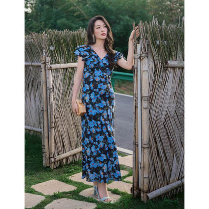 Mulberry Silk Floral French Romantic Dress with Flying Sleeve - Price Value Store