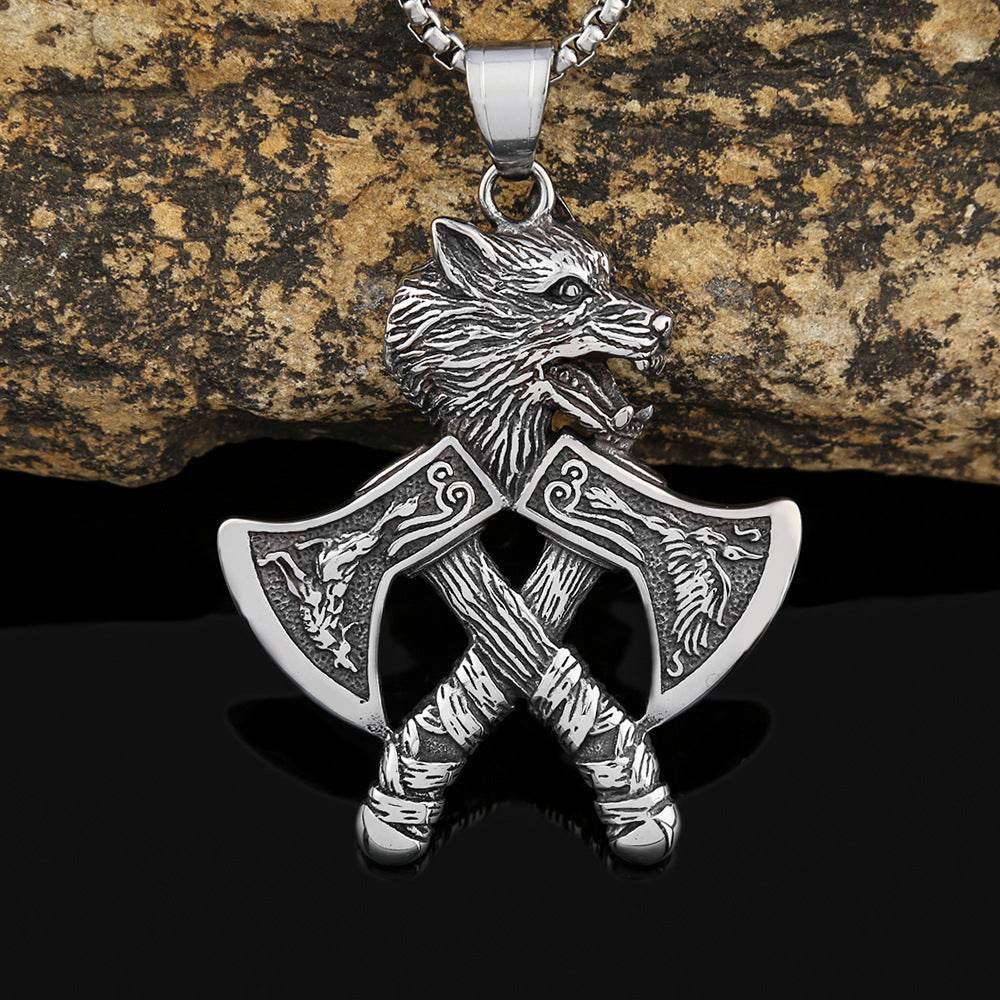 Stainless steel Viking double axe wolf head pendant - Price Value Store