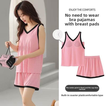Summer Cool Ice Silk Pajamas Set with Built-in Padding - Price Value Store
