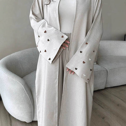 Elegant Linen Long Cardigan with Love Embroidery - Price Value Store