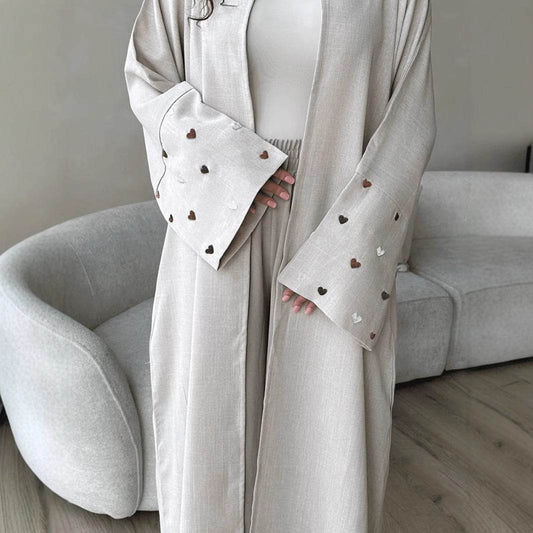 Elegant Linen Long Cardigan with Love Embroidery - Price Value Store
