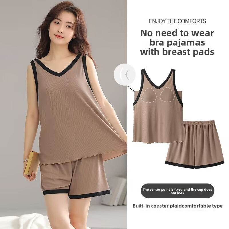 Summer Cool Ice Silk Pajamas Set with Built-in Padding - Price Value Store