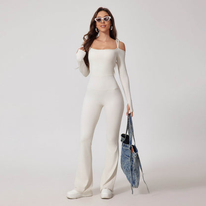 Off-Shoulder Long Sleeve Jumpsuit with Flared Pants - Price Value Store