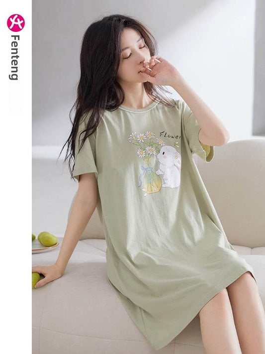 Women's Summer pure cotton Thin cute Short-Sleeved Pajamas Home Wear Girls Summer sexy Dress - Price Value Store