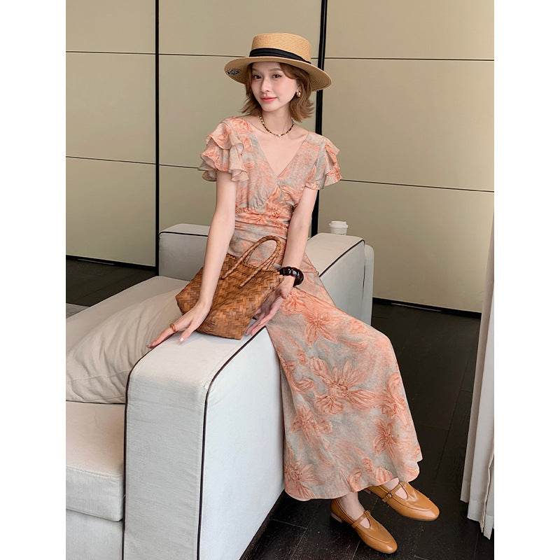 Mulberry Silk Floral French Romantic Dress with Flying Sleeve - Price Value Store