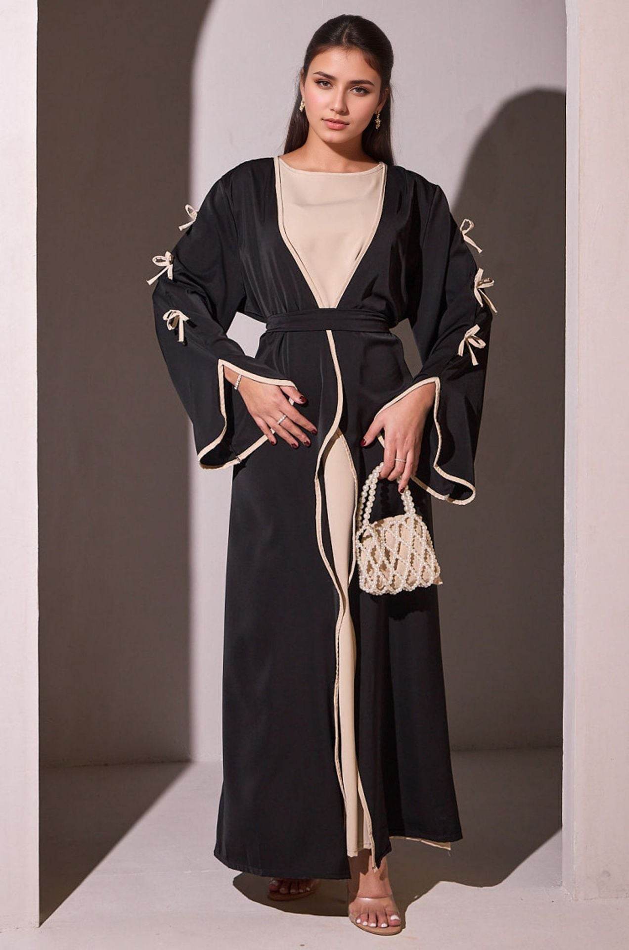 Elegant Muslim Long Robe with Bow Belt - Price Value Store