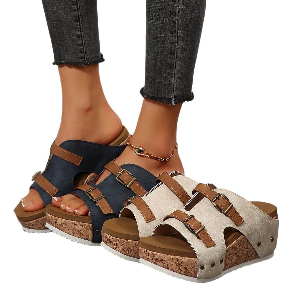 Foreign Trade plus size Thick Bottom Wedge Slippers 2025 Summer New Buckle with Bubble Bottom Beach Open Toe Women's Shoes - Price Value Store