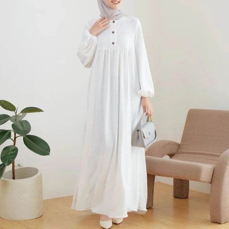 Puff sleeve solid-color buttoned dress - Price Value Store