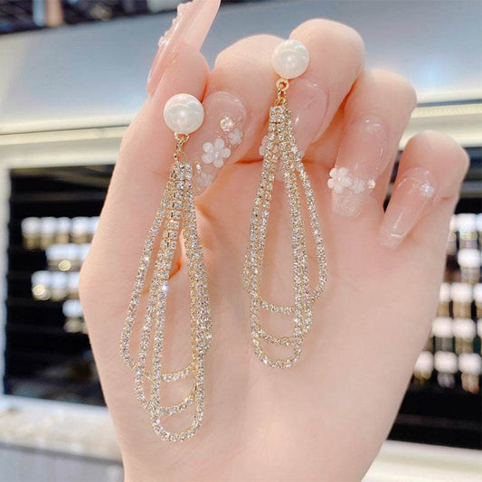 Silver Elegant Trendy Diamond Pearl Tassel Earrings Women's European and American French Fashion Drop-shaped Long Earrings Ear Jewelry - Price Value Store