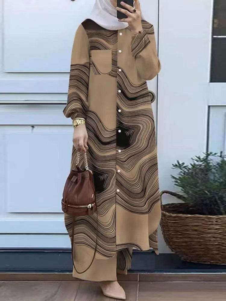 Printed collar shirt and long pants set - Price Value Store