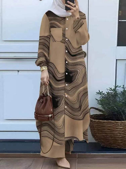 Printed collar shirt and long pants set - Price Value Store