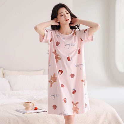Women's Summer pure cotton Thin cute Short-Sleeved Pajamas Home Wear Girls Summer sexy Dress - Price Value Store