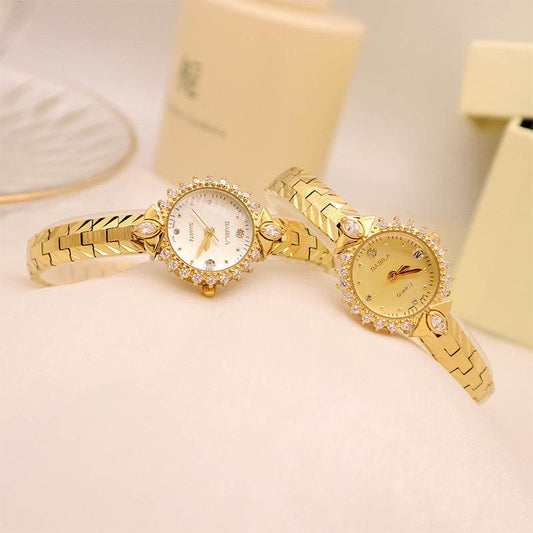 Diamond-encrusted relief bracelet, elegant quartz small gold watch - Price Value Store