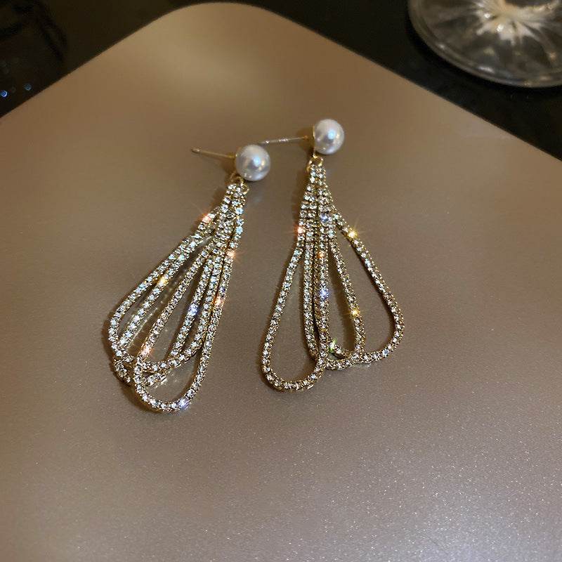Silver Elegant Trendy Diamond Pearl Tassel Earrings Women's European and American French Fashion Drop-shaped Long Earrings Ear Jewelry - Price Value Store