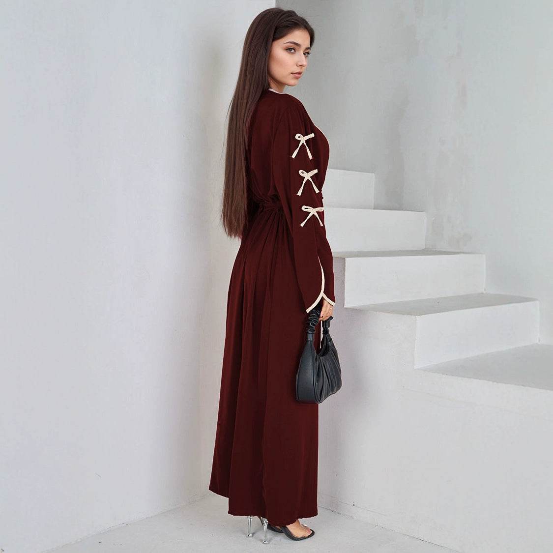 Elegant Muslim Long Robe with Bow Belt - Price Value Store