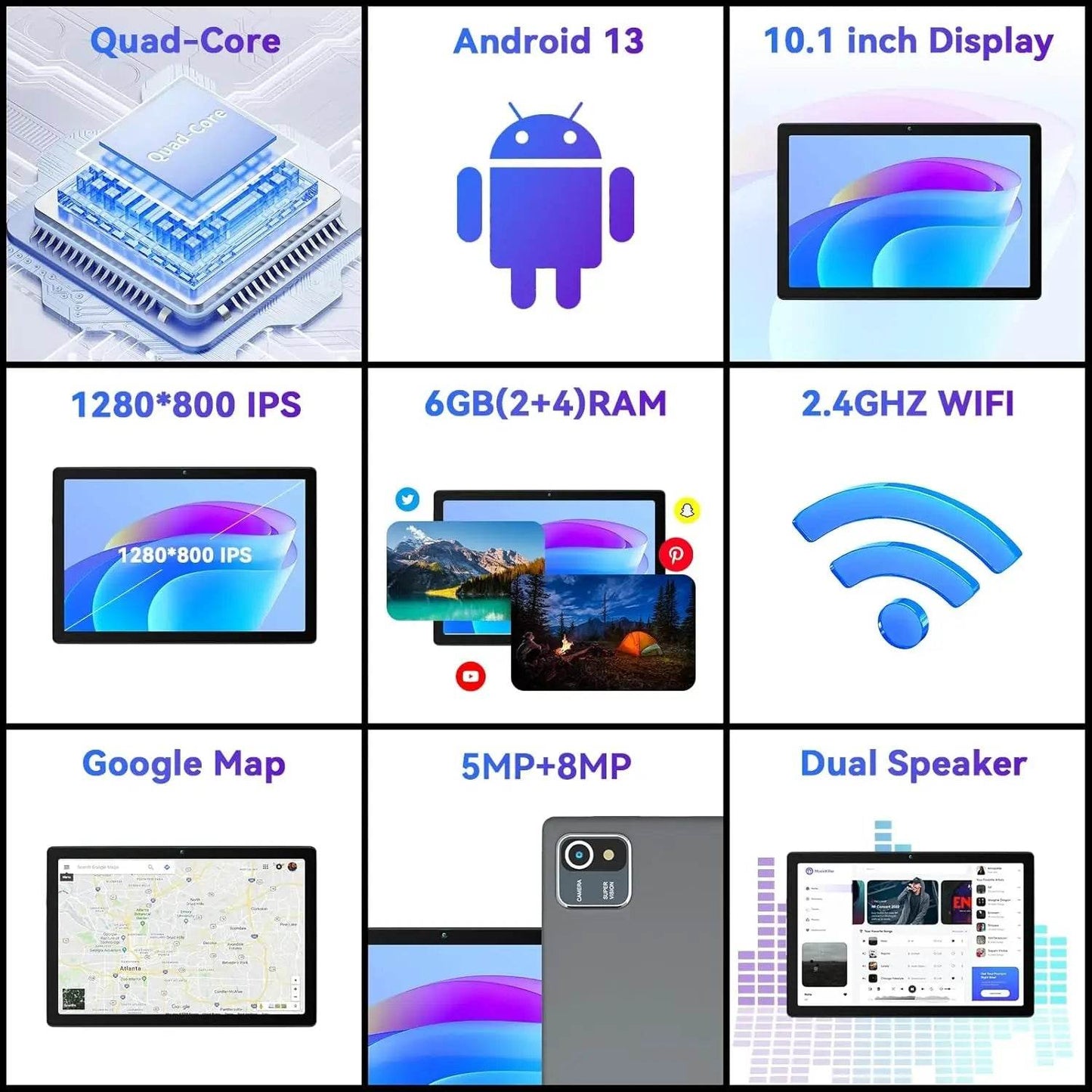 AEEZO MB1001 10 Inch Android Tablet Quad-Core 6GB RAM 64GB ROM 5MP+8MP Dual Camera HD IPS Display WiFi Bluetooth PC Pad Tablets - Price Value Store