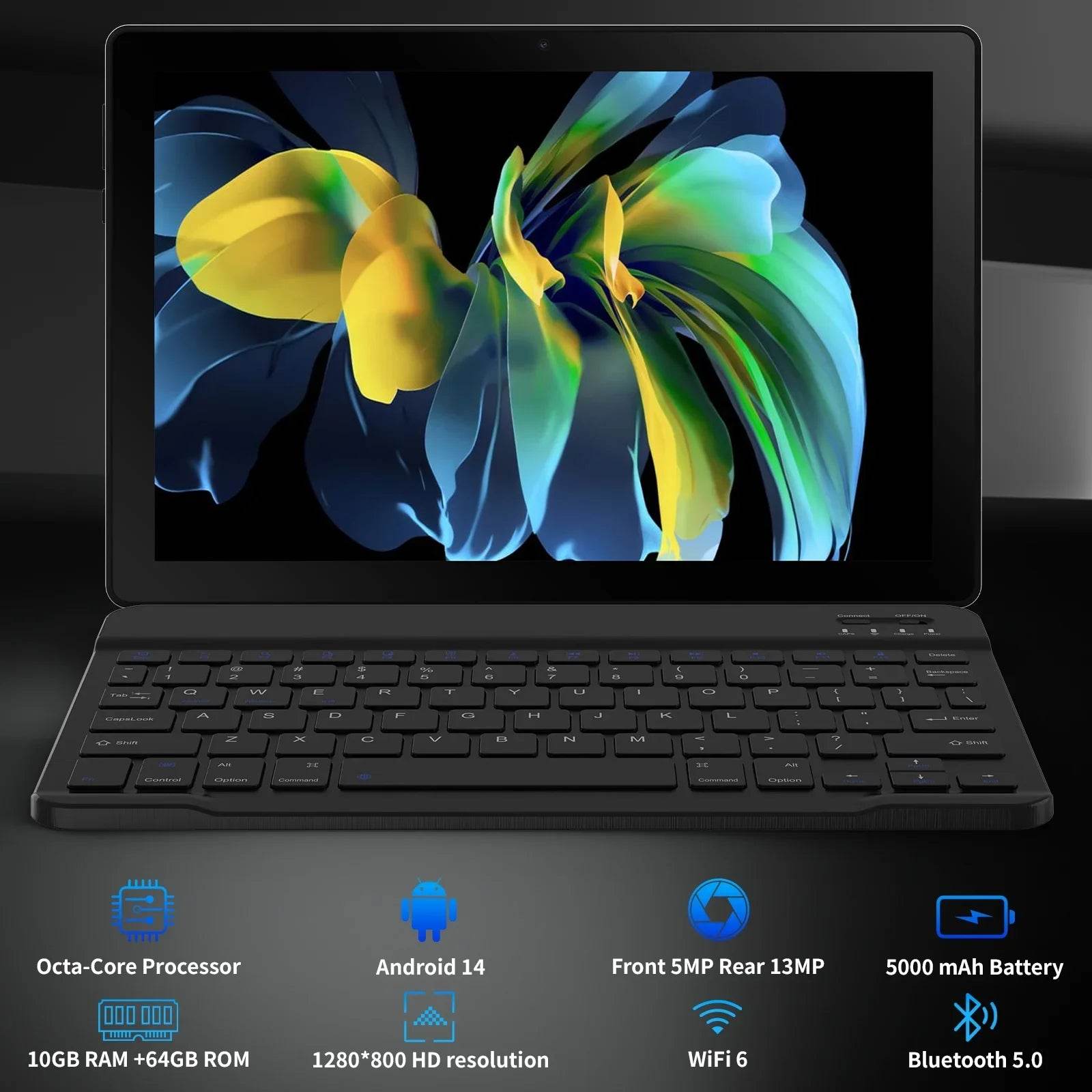 Android 14 10 inch Tablet, A523 Octa Core, 8GB RAM + 64GB ROM(TF 1TB), 5000mAh, Face Unlocked,Black+Keyboard & Mouse Set, Black - Price Value Store